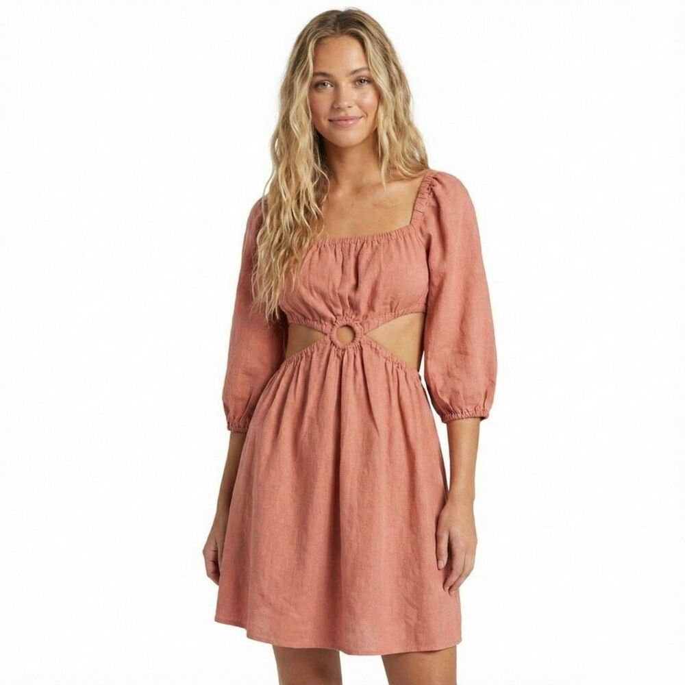 NWT En Saison Jasper Linen Blend Cutout Mini Dress Medium Puff Sleeve Boho